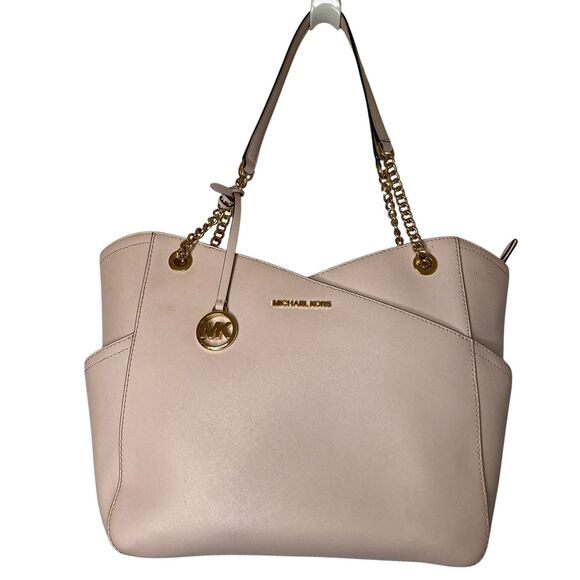 Michael Kors Jet Set Shoulder Tote Bag Powder Blush Pink Leather Large Chain - Picture 11 of 16